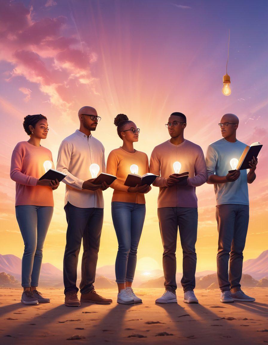 A powerful illustration depicting a diverse group of individuals standing together, holding glowing books and light bulbs, symbolizing knowledge and awareness about cancer. In the background, a soft sunrise represents hope and transformation. The scene radiates warmth and positivity, encouraging empowerment through education. super-realistic. vibrant colors. uplifting atmosphere.