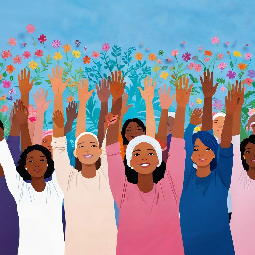 A powerful illustration showcasing a diverse group of cancer survivors standing together, raising their hands in solidarity. Each person represents different backgrounds and stages of cancer, with vibrant ribbons symbolizing various types of cancer. A soft, glowing light surrounds them, symbolizing hope and awareness. In the background, a peaceful landscape with a blue sky and blooming flowers enhances the uplifting atmosphere. super-realistic. vibrant colors. soft focus.
