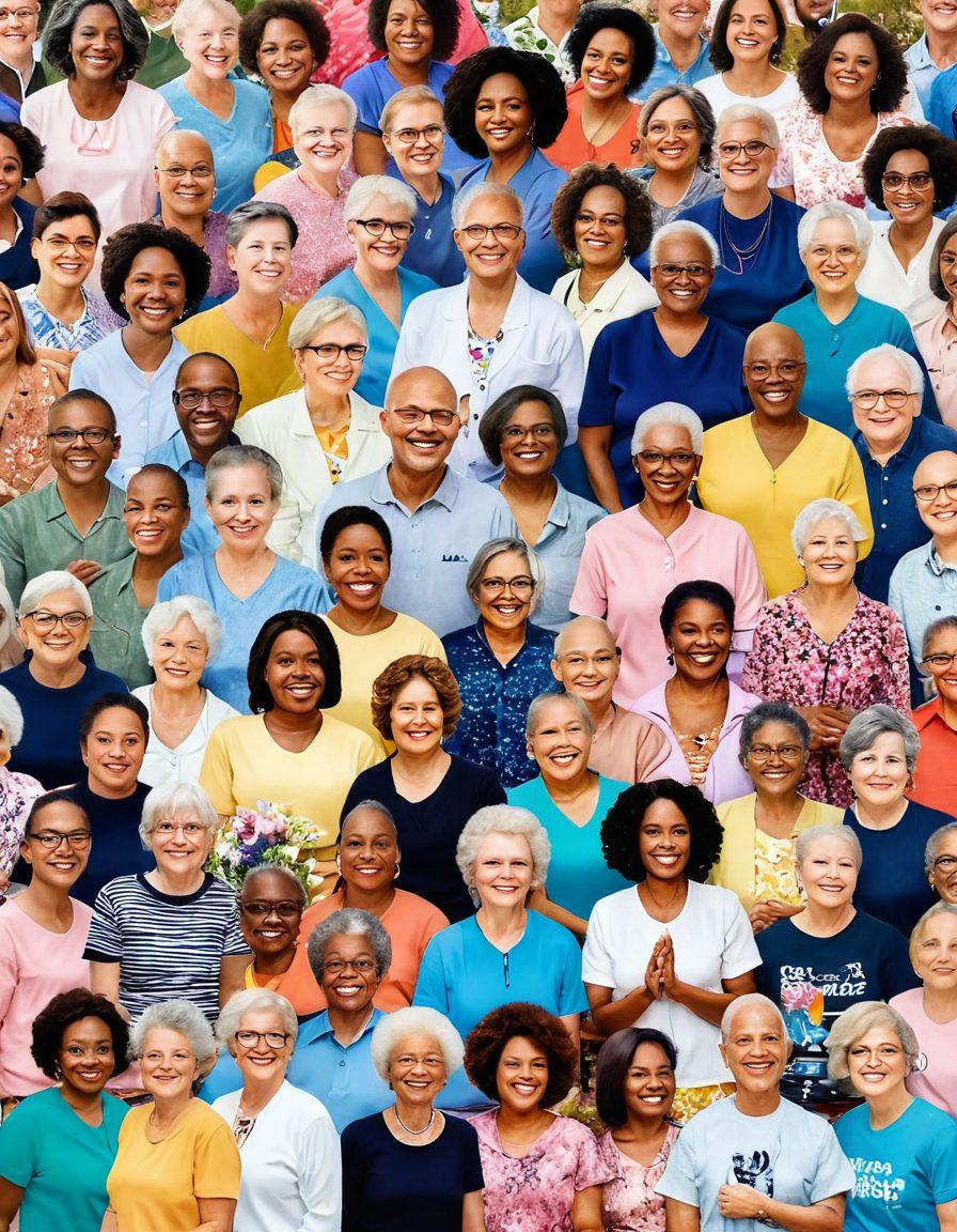 A heartwarming collage depicting diverse cancer survivors sharing their triumphs, surrounded by supportive community advocates. Include symbols of hope like ribbons, light, and blossoming flowers. Show smiles, hugs, and moments of advocacy as they engage with the community. The background should convey a sense of unity and resilience. vibrant colors. super-realistic.